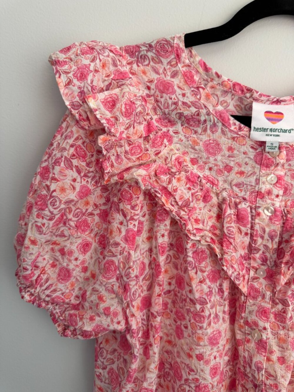 Hester & Orchard Pink Floral Ruffle Button Up Blouse 100% Cotton Feminine - Picture 5 of 11